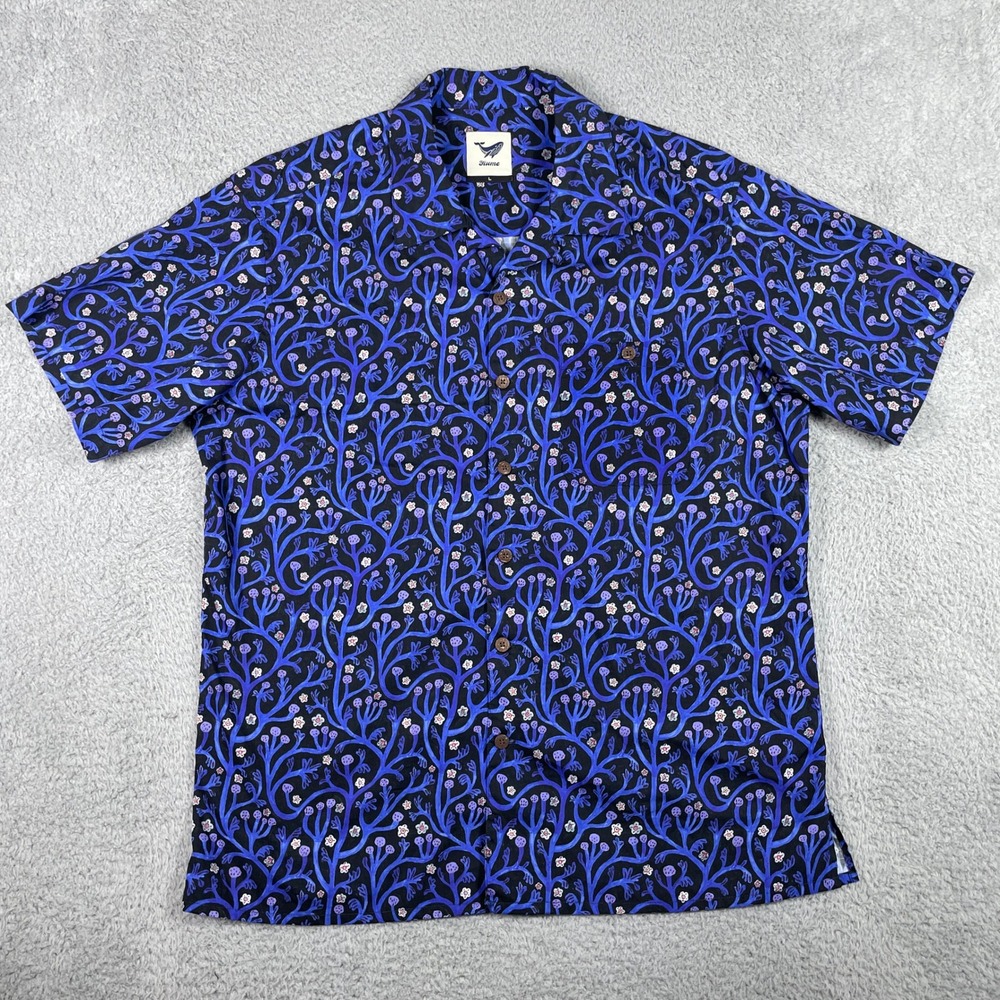 Yiume Hawaiian Botanical Camp Shirt Mens Large Blue Black Short Sleeve Aloha